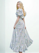 Bubble Sleeve Colorful Printing Lotus Leaf Maxi Dress